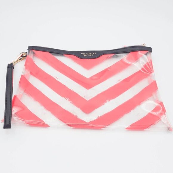 Victoria's Secret Vinyl Zip Bag Pink Chevron Wristlet Pouch - Picture 1 of 3